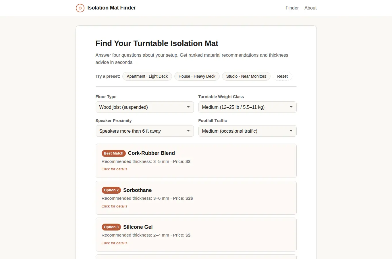 Screenshot of Turntable Isolation Mat Finder interface showing the project page in use